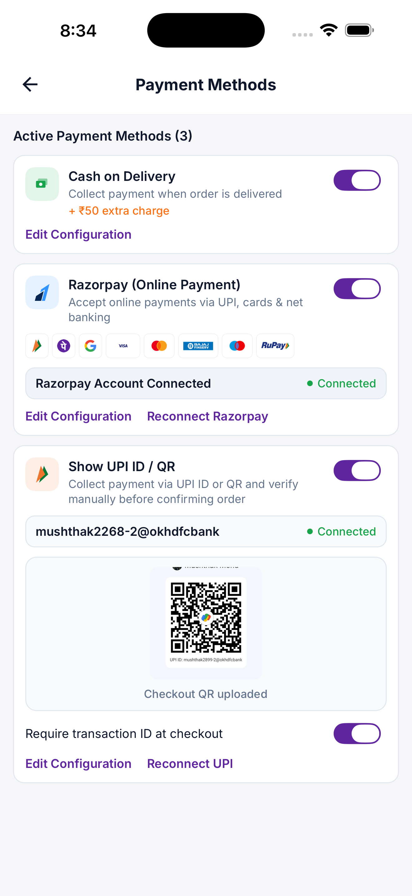 PackFlo native payment methods screen